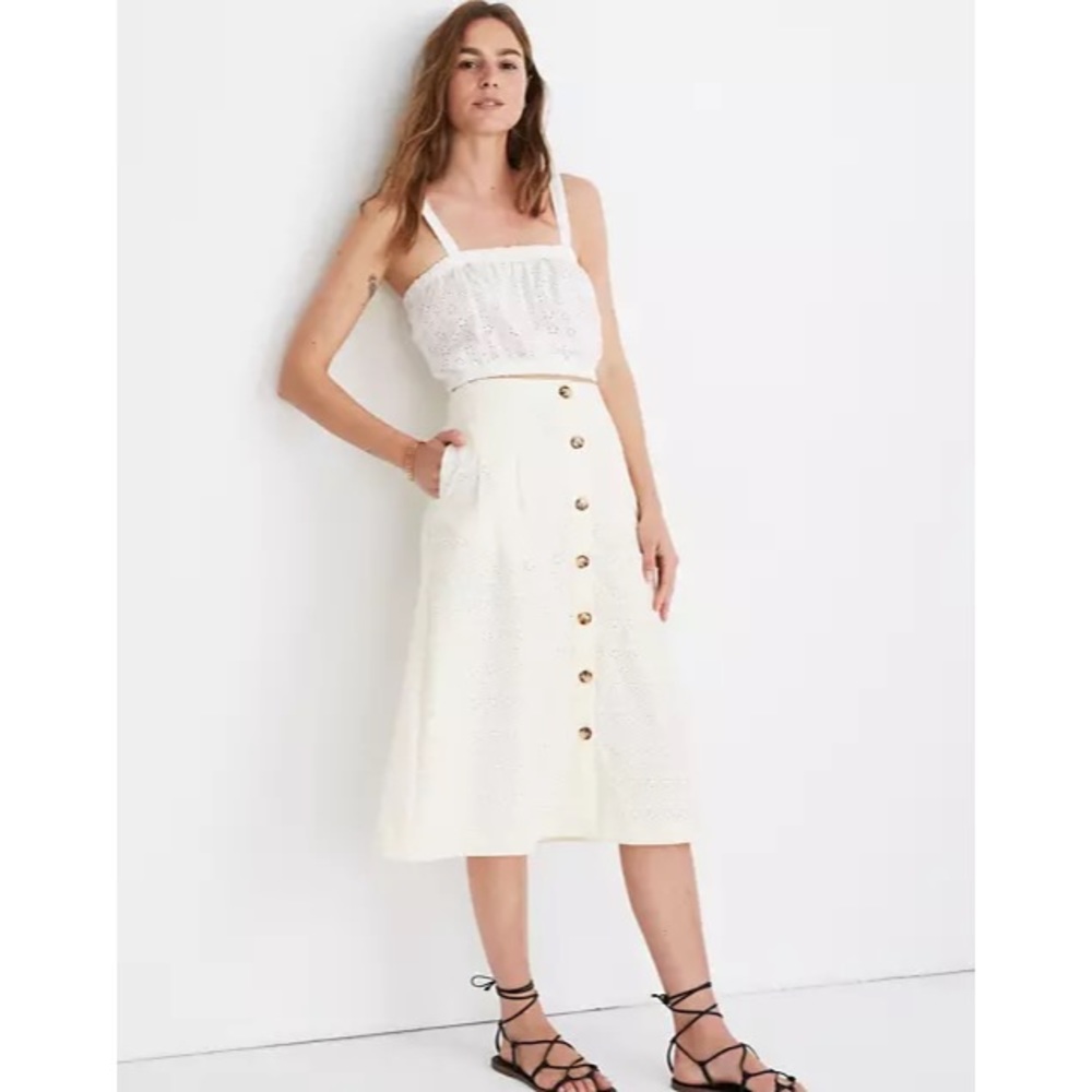 Madewell Eyelet Patio Button-Front Midi Skirt